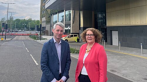 Will Forster & Ann-Marie Barker outside Hilton hotel in Woking